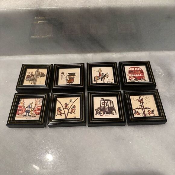 Vintage Rare Framed London-Themed Tile Handmade Art Set of 8